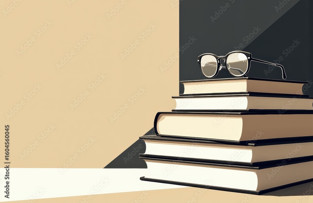 Poster stack of books with glasses resting on top against a minimalist background