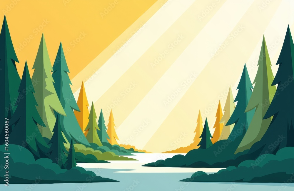 Poster sunlight filters through a forest of stylized pine trees along a calm river in a colorful landscape 