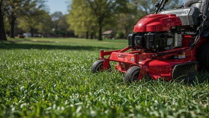 Obraz premium The green lawn is being mowed by a scarlet grass trimmer.