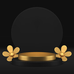 Luxurious 3D golden podium with glowing light sits on a white platform, transparent circular and a beige background. Mockups, product displays, and modern design