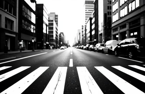 Fototapeta Empty city street with tall buildings and parked cars in black and white