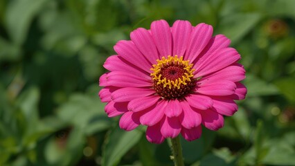 Obraz premium Close-up shot of a vibrant zinnia bloom against lush greenery on a sunny day