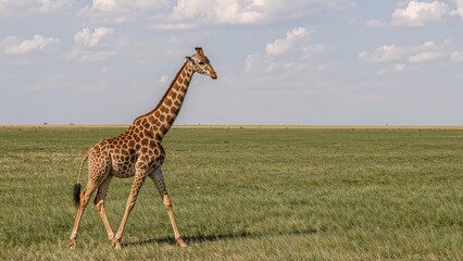 Obraz premium Isolated giraffe wandering and eating in expansive grasslands on a clear day with clouds