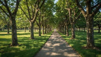 Fototapeta premium Fuzzy image of a serene outdoor area featuring a winding route lined with lofty trees, offering a peaceful retreat for leisure in the daylight.