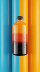 Bottle of orange and dark liquid product photography on colorful background for product presentation and mockup