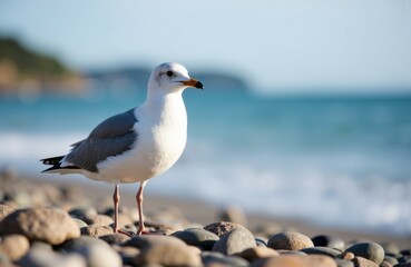 Naklejka premium Seagull standing on rocky beach with ocean and sky in background