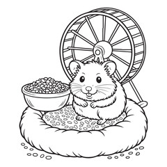 Cartoon hamster with wheel food and bed coloring page art