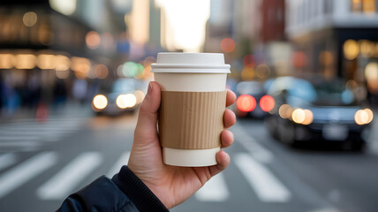 Hand holding coffee cup on city street takeout coffee to go coffee in hand urban scene coffee break