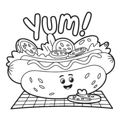 Cartoon hotdog with face and toppings coloring page style