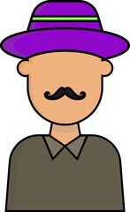 Flat style cartoon mustache man wearing hat icon.