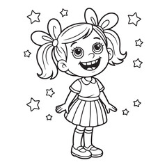 Cartoon girl with bows and stars in black and white outline