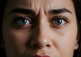 Naklejka premium Anxious Background with Tense Facial Expression and Worried Eyes in Close-Up Portrait