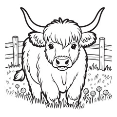 Highland cow in field black and white line art illustration