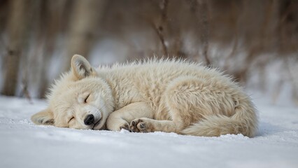 Obraz premium Sleeping white wolf youngster lying on the dirt, portrait
