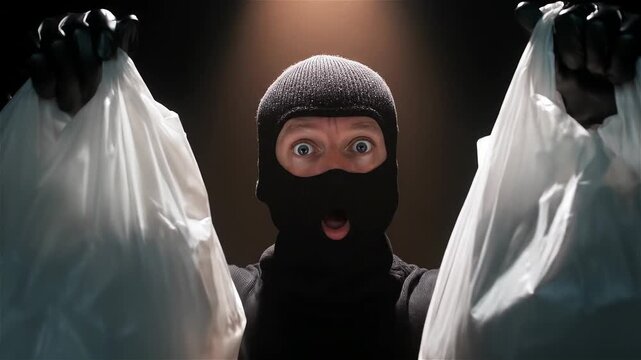 Unexpected nighttime encounter reveals a masked figure holding two trash bags in a dimly lit alley, arousing curiosity and suspense in an urban setting during the late hours of the night
