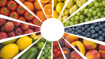 Colorful fruit and vegetable assortment healthy eating nutrition diet food background circle white space design