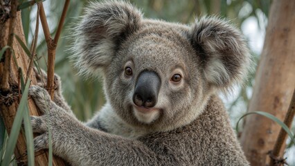 Up-close image of a furry animal resting in a tree, highlighting its smooth gray fur, unique dark nose, and sizable ears.