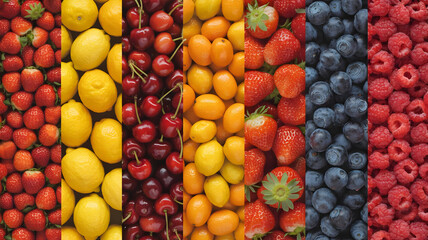 Assorted fresh fruits background featuring strawberries lemons cherries kumquats blueberries raspberries