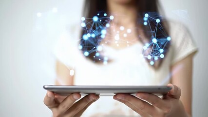 Woman Holding Digital Tablet with Futuristic Network Connection Against White Background in Studio Setting Depicting Technology Innovation - Powered by Adobe