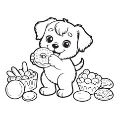 Cartoon puppy eating donut with sweets around it outline