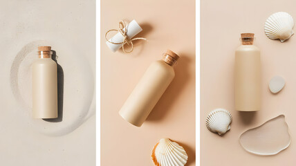 Beige aesthetic skincare product mockup with seashell and sand background for summer beauty branding