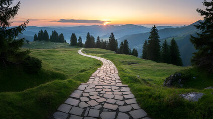 Beautiful mountain landscape with stone path at sunset for hiking and outdoor adventure travel destination