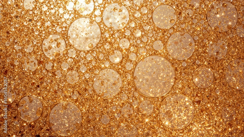 Poster golden shimmering circles on an elegant backdrop with scattered particles