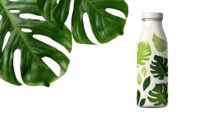 Bottle with tropical leaf design, surrounded by green foliage on a white isolated background.