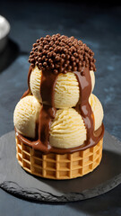 Delicious vanilla ice cream waffle cone with chocolate sauce and sprinkles dessert photography food shot