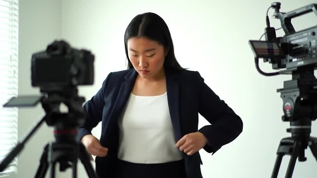 Woman adjusting her jacket in front of two cameras