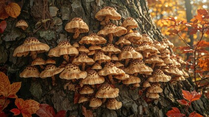 Cluster of bracket fungi growing on tree bark in autumn