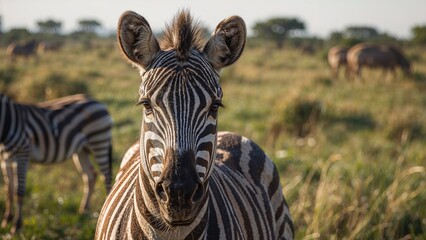 Fototapeta premium In the foreground, a zebra looks toward the lens while another grazes on grass farther back.