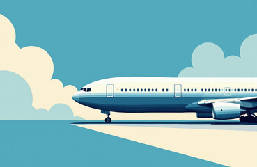 Fototapeta premium A commercial airplane parked on the runway against a blue sky with clouds
