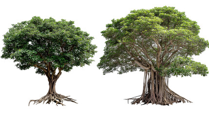 Set of large green banyan tree with roots cut out isolated white background