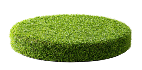 A cylindrical display platform covered in artificial green grass isolated on transparent background