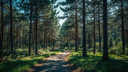 Obraz premium A sinuous path winds its way among gently swaying pine trees.