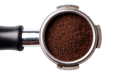 Coffee grounds in a portafilter, isolated on white background.