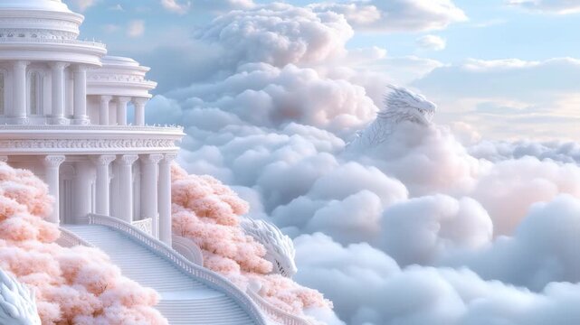 A cinematic background for epic fantasy, visualizing a divine palace guarded by majestic dragons, resting among clouds and ethereal blossoms in a mythical heaven.