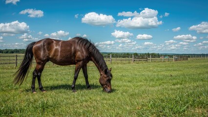 A lovely dark brown horse enjoys grazing in a bright summer meadow