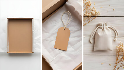 Cardboard box packaging with tag and drawstring bag for product presentation and shipping concept