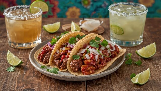 Classic adobada and chorizo tacos displayed on a wooden table