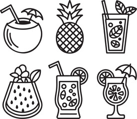 Tropical Summer Drink Outline Icon Set Coconut Water, Pineapple Juice, Mojito, Watermelon Slush, Tiki Mug, and Exotic Fruit Cocktails