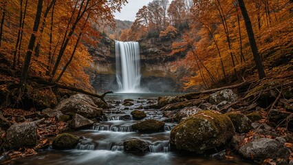 Fototapeta premium Seasonal forest view with flowing waterfall
