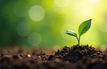 A young green plant sprouting from rich soil in a natural outdoor setting