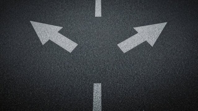 Monochrome road markings showing directional arrows at an intersection