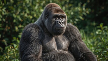 Obraz premium An adult male silverback gorilla resting while observing its surroundings