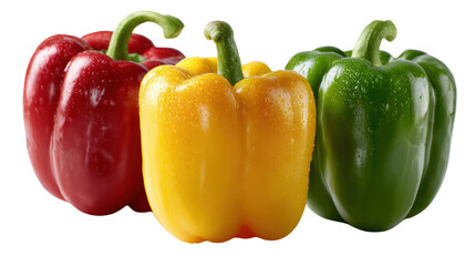 Colorful bell peppers, red, yellow, and green, on a white isolated background, fresh and vibrant.