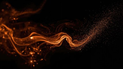 Fiery sparks against a dark backdrop with shimmering golden particles and flowing orange smoke.