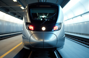 Fototapeta premium Modern train moving through an underground station with sleek design and bright lighting