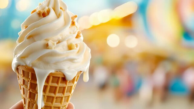 A perfect visual for summer advertising, capturing the nostalgic joy of a delicious soft-serve ice cream cone melting in the sun at a vibrant carnival.